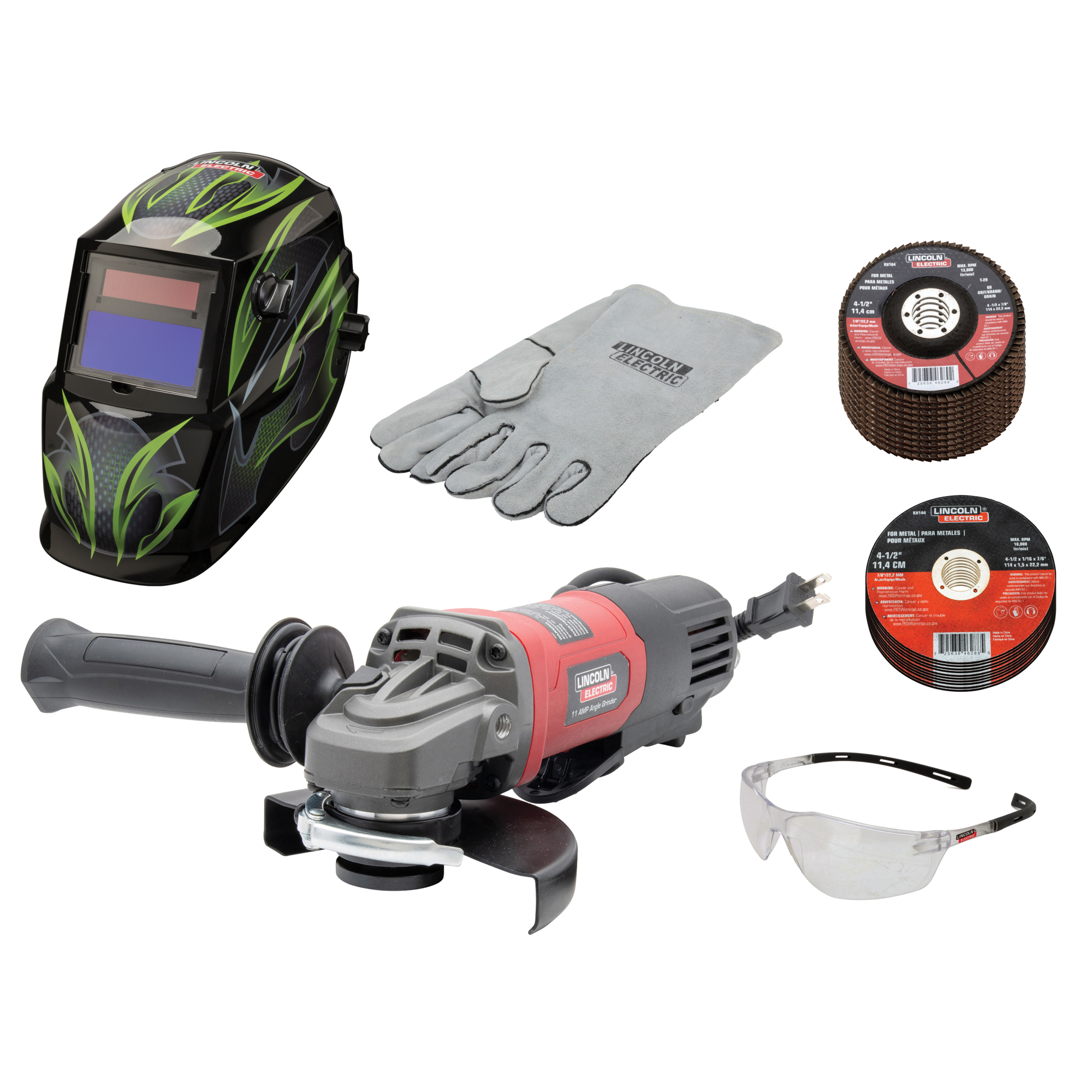 Lincoln Electric 11 Amp Angle Grinder Helmet Kit with Accessories, Auto Darkening, 1/10,000 Sec. Switch Time, Grind Mode, Model# K5594-2